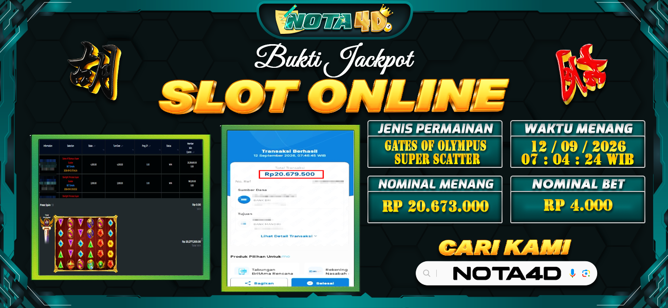 Bukti Kemenangan Besar Dibayar lunas Member NOTA4D RP 20.673.000, 12 September 2026
