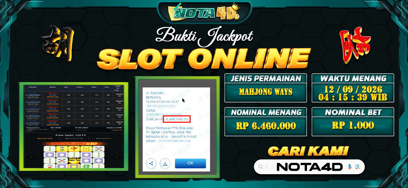 Bukti Kemenangan Besar Dibayar lunas Member NOTA4D RP 6.460.000, 12 September 2026