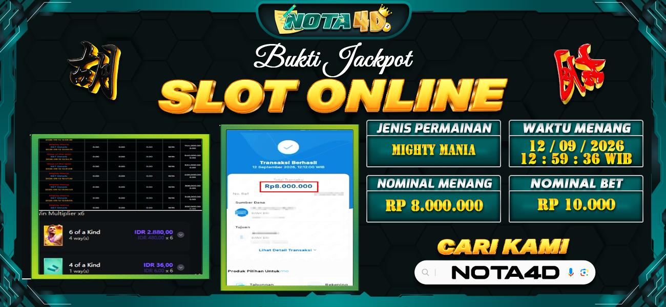 Bukti Kemenangan Besar Dibayar lunas Member NOTA4D RP 8.000.000, 12 September 2026