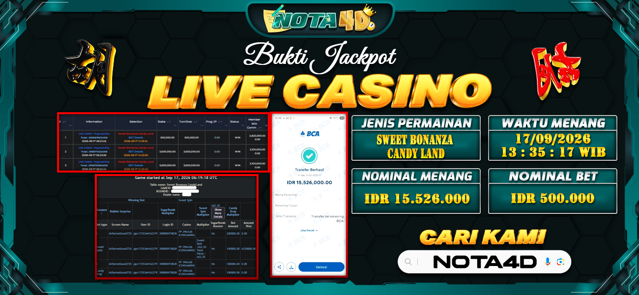 Bukti Kemenangan Besar Dibayar lunas Member NOTA4D RP 15.526.000, 17 September 2026