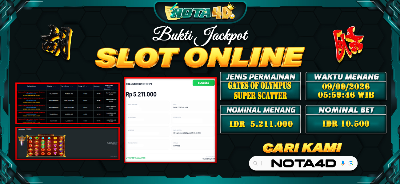 Bukti Kemenangan Besar Dibayar lunas Member NOTA4D RP 5.211.000, 9 September 2026