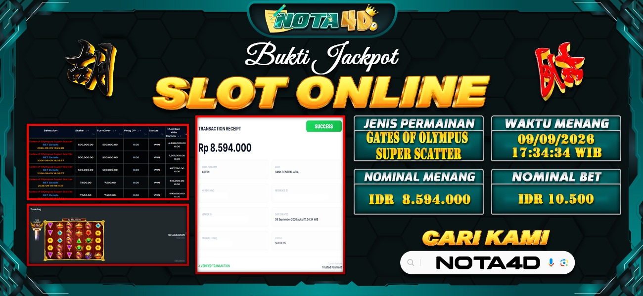 Bukti Kemenangan Besar Dibayar lunas Member NOTA4D RP 8.594.000, 9 September 2026